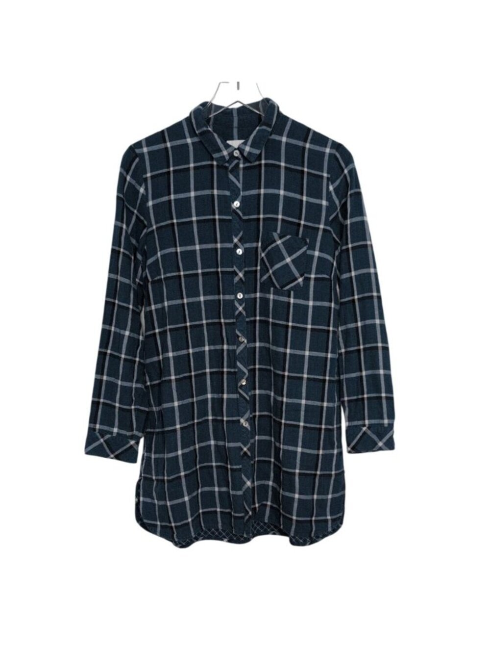 J Jill Plaid Tunic Womens Size Medium Blue Pockets 100% Cotton Button Front